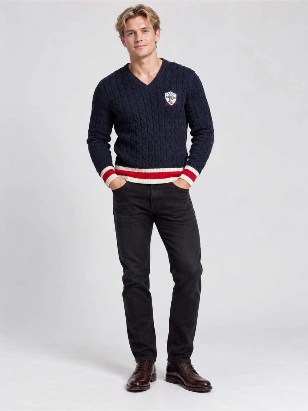 U.S. Polo Assn. Navy Cable-Knit V-Neck Sweater with Red & White Trim